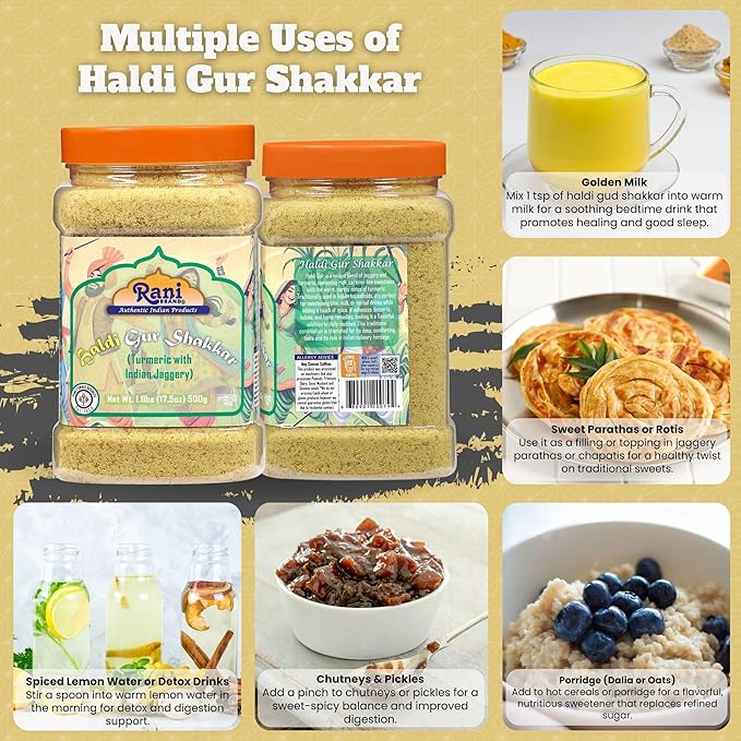 Rani Haldi Gur Shakkar (Turmeric with Indian Jaggery) Indian Unrefined Raw Cane Sugar 17.5oz (1.1lbs) 500g PET Jar ~ Gluten Friendly | Vegan | NON-GMO | Kosher | No Salt or fillers | Indian Product