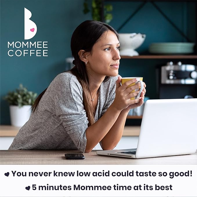Mommee Coffee Half Caf Low Acid Whole Organic Coffee Beans - 100% Arabica Organic Half Caff Coffee Beans with Smooth Caramel Flavor - Natural Process - Medium Roast - 11 oz