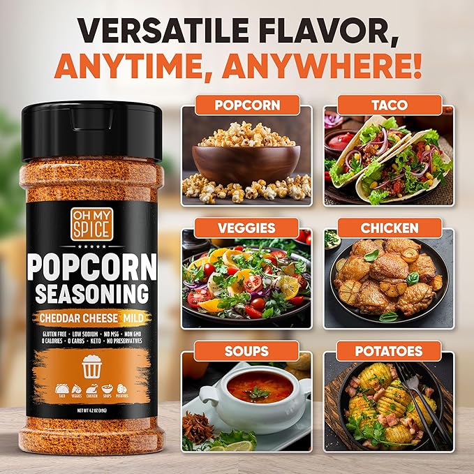 Popcorn Seasoning Cheddar Cheese Powder Mix - Gluten Free & Low Sodium Mild Nacho Cheese Powder Flavor Popcorn Flavoring Seasoning. Movie Theater Pop Corn Topping. Spicy Pop Corn Salt Seasonings 4.2oz