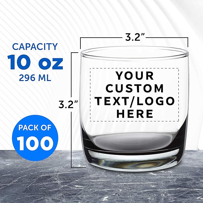DISCOUNT PROMOS Custom Whiskey Glasses 10 oz Set of 100, Personalized Bulk Pack - Heavy Base Old Fashioned Glass, Perfect for Scotch, Bourbon, Whiskey, Cocktail - Black Bottom Color