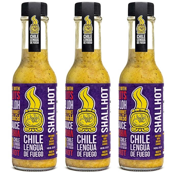 Chile Lengua de Fuego Shallhot Hot Sauce – 3 Bottles – Scotch Bonnet, Shallots, Garlic & Soy Sauce – Umami-Rich, Spicy Artisan Honduran Sauce – All-Natural, Small Batch
