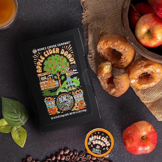 Bones Coffee Company Apple Cider Donut Flavored Coffee Pods, Low Acid Medium Roast Single-Serve Bones Cups, Compatible with 1.0 & 2.0 K-Cups Brewers Coffee Maker, 12 Count