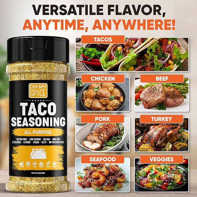 Taco Seasoning Mix All Purpose Blend - Gluten Free & Low Sodium Mexican Seasoning for Taco Tuesday Night. Everything Seasonings for Fajita & Burrito. Meat, Chicken & Fish Tacos Spices Toppings. 4.6oz