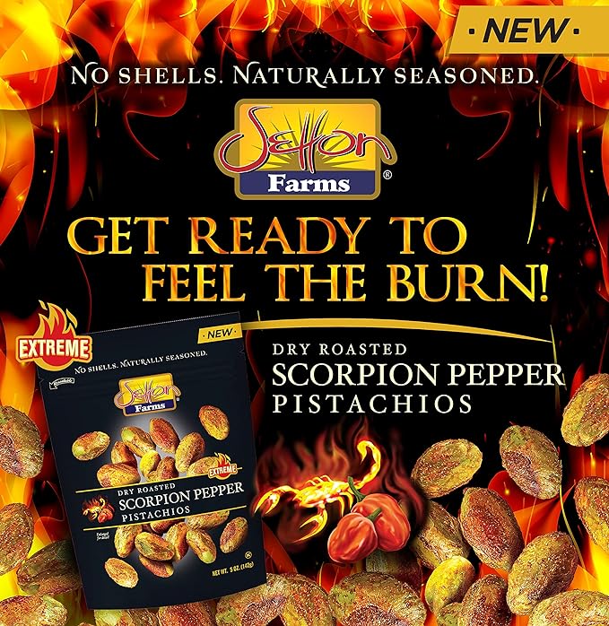 Setton Farms Pistachios, Scorpion Pepper Extreme Flavor Pistachios Value Bag, Naturally Seasoned, Dry Roasted No Shell Pistachios, Non-GMO Project Verified, Gluten Free, Vegan, Kosher, 20 Oz