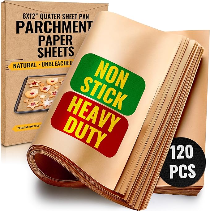 Quarter Sheet Pans 8x12 Inch Pack of 120 Parchment Paper Baking Sheets by Baker?™s Signature | Precut Silicone Coated & Unbleached ??Will Not Curl or Burn ??Non-Toxic & Comes in Convenient Packaging