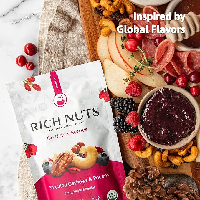 Rich Nuts Go Nuts & Berries Gourmet Sprouted Trail Mix | Includes Cashews, Pecans and Dried Berries | Vegan, Paleo and Keto | Non-Roasted, Dehyrdated, Germinated, Raw and Whole | 5 Oz Bag (2 Pack)