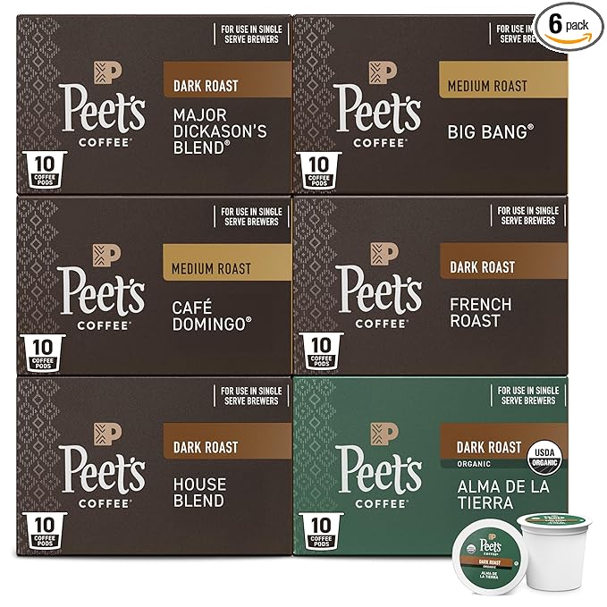 Peet's Coffee, Single Serve Coffee Pods Variety Pack - Major Dickason's Blend, Big Bang, French Roast, Café Domingo, Organic Alma De La Tierra, House Blend, 60 Count (6 Boxes of 10 Pods)