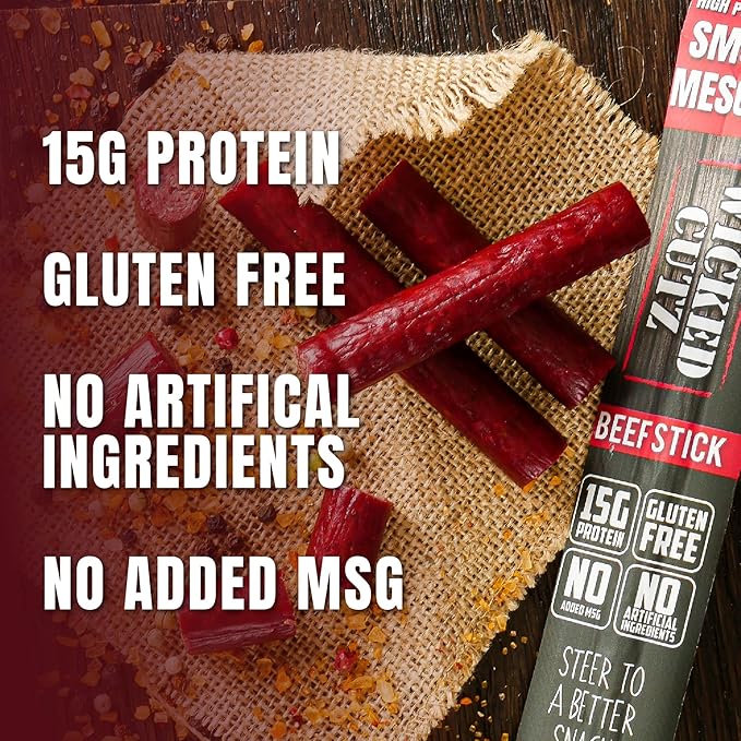 Wicked Cutz Smoked Mesquite Beef Sticks, 15g Protein Per Beef Stick, Tender & Juicy Extra Large Meat Stick, USA Made High Protein Meat Sticks, Carnivore Snacks (12 Pack)