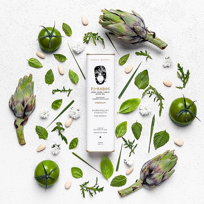 P.J. KABOS 2024/25 Harvest, High Phenolic (450+mg/kg), Premium Greek Extra Virgin Olive Oil, Kosher, Greece, Cold Extracted, 16.9 oz Tin, Koroneiki, "Family Reserve - Medium"