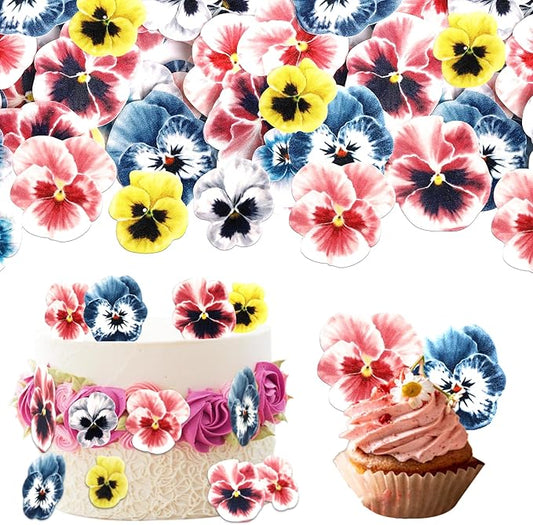 60 PCS Edible Flowers Cupcake Toppers Pansies Spring Edible Flowers Cake Decorations Bridal Shower Wafer Paper Flowers Cupcake Picks for Baby Shower Wedding Engagement Birthday Party Supplies