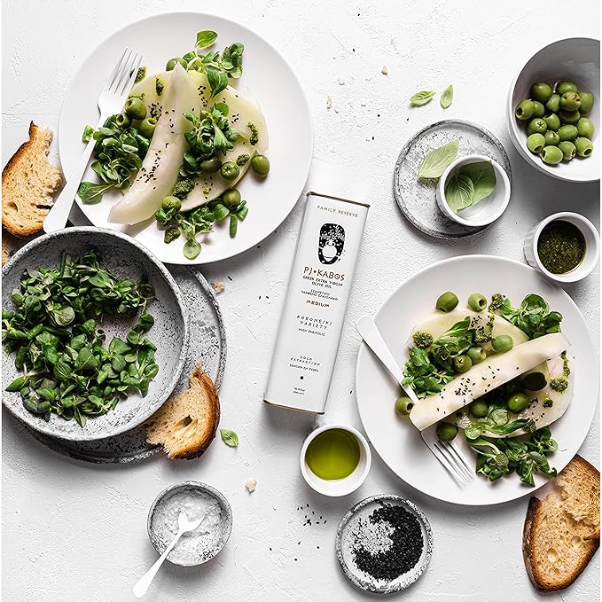 P.J. KABOS 2024/25 Harvest, High Phenolic (450+mg/kg), Premium Greek Extra Virgin Olive Oil, Kosher, Greece, Cold Extracted, 6 x 16.9 oz Tin, Koroneiki, "Family Reserve - Medium"