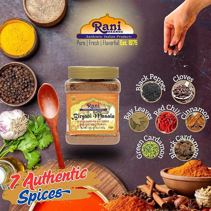 Rani Biryani Masala Curry (7-Spice Blend for Indian Rice Dishes, Pullao/Pilau) 17.5oz (1.1lb) 500g PET Jar ~ All Natural | Vegan | No Colors | Gluten Friendly | NON-GMO | Kosher | Indian Origin