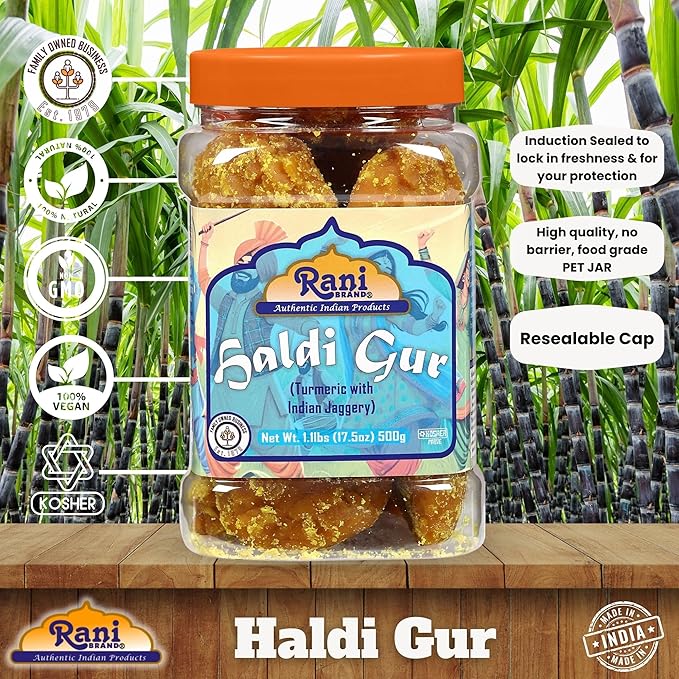 Rani Haldi Gur (Turmeric with Indian Jaggery) Indian Unrefined Raw Cane Sugar 17.5oz (1.1lbs) 500g PET Jar ~ Gluten Friendly | Vegan | NON-GMO | Kosher | No Salt or fillers | Indian Product