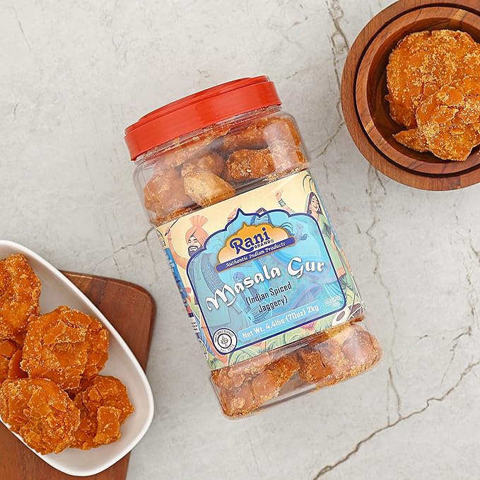 Rani Masala Gur (Jaggery) Indian Unrefined Raw Cane Sugar 70oz (4.4lbs) 2kg PET Jar ~ Gluten Friendly | Vegan | NON-GMO | No Salt or fillers | Indian Product