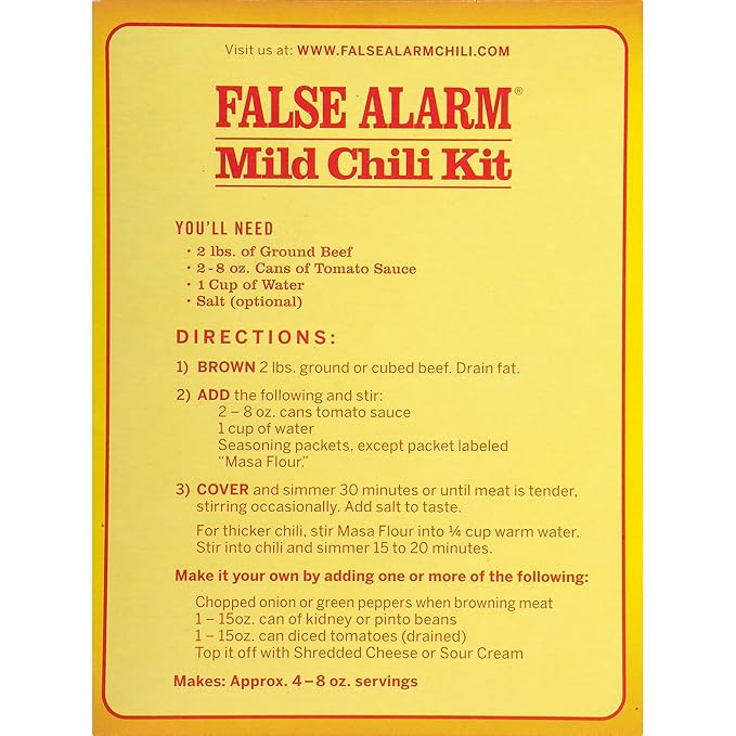 Wick Fowler's False Alarm Mild Chili Kit, Texas Style Chili Seasoning Mix with Individual Packs of Spices, 2.8oz Box (Pack of 8)