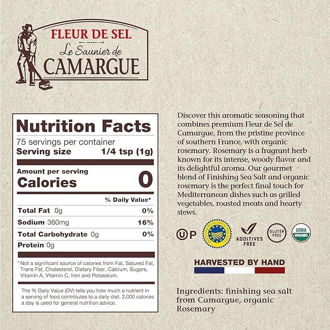 Le Saunier de Camargue Fleur de Sel with Organic Rosemary – French Sea Salt Finishing Salt with Fresh Herb Flavor – Gourmet Hand-Harvested Flaky Salt in Glass Shaker – 80g