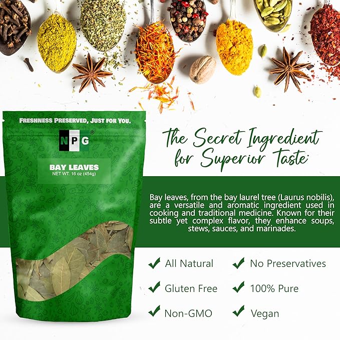 NPG Whole Bay Leaves 16 Oz, Dried Laurel Leaf, Aromatic Spice Herbs for Cooking Stew, Soup, Sauces, Seafood, Meat, and Vegetable Dishes