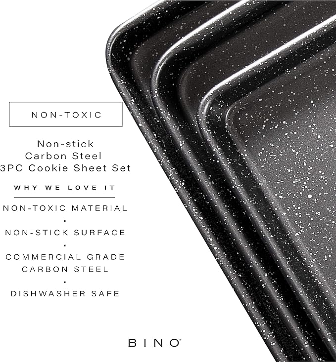 BINO Bakeware Nonstick Cookie Sheet Baking Tray Set 3-Piece - Speckled Gunmetal | NonStick Baking Pans Set | Carbon Steel Tray Bakeware Sets | Oven Safe Baking Set | Cookie Sheet Pans | Food-Safe Tray