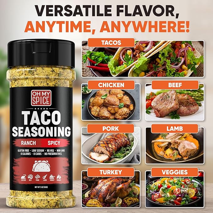 Taco Seasoning Mix Spicy Ranch Seasoning Powder - Gluten Free & Low Sodium Hot Mexican Seasonings Blend for Taco Tuesday Night. Hot Ranch Powder for Fajita & Burrito. Street Tacos Spices Topping. 5oz
