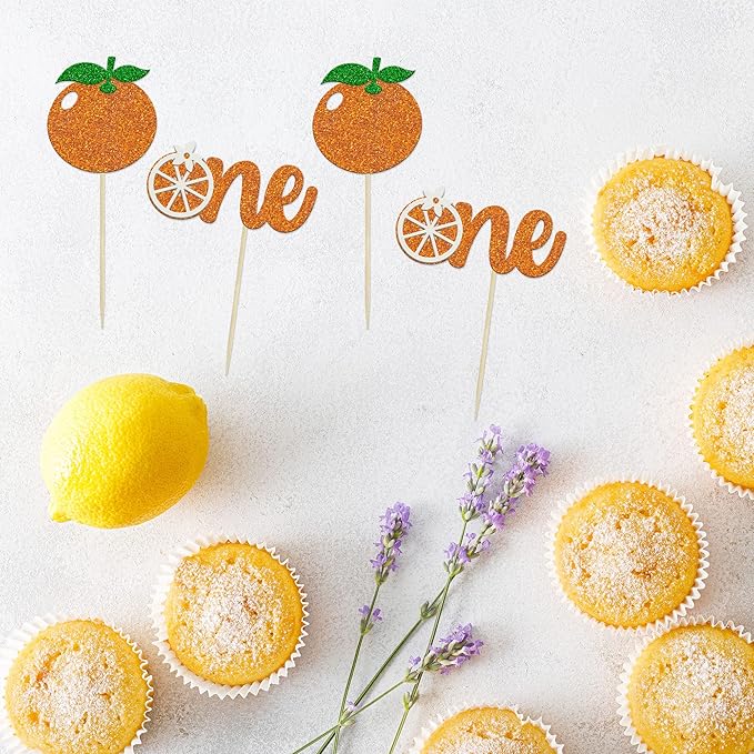 24Pcs Little Cutie One Cupcake Toppers Glitter Orange First Birthday Cupcake Picks for Citrus Theme Baby Shower Kids 1st Birthday Party Tangerine Fruit Party Cake Decorations Supplies