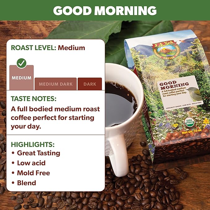 Low Acid Organic Coffee ??Whole Bean, Mold-Free & Stomach Friendly by Java Planet, Good Morning Blend Coffee, Medium Roast, Smooth Full Flavored, 5LB Bag
