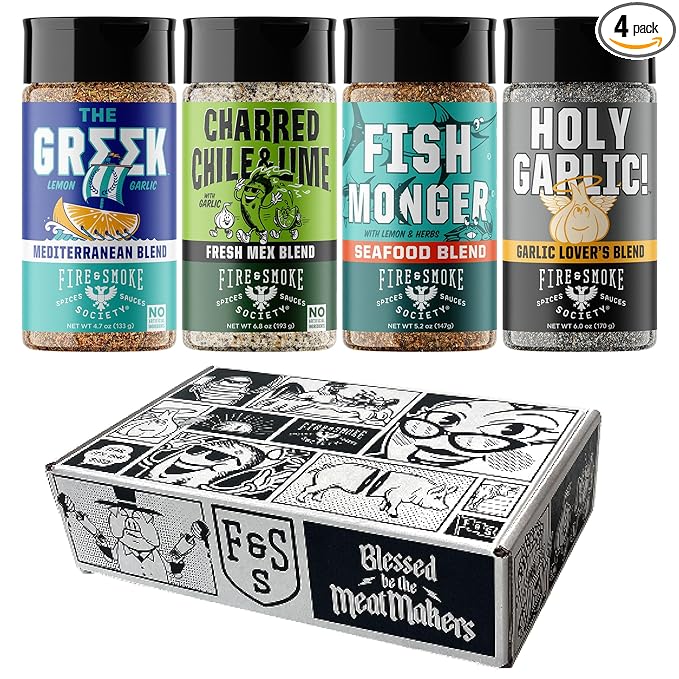 Fire & Smoke Society Seasoning Variety Pack | BBQ Rubs for Smoking and BBQ Seasonings for Grilling | Gifts for Dad, Men Gifts | Large Spices Set (4-Pack)