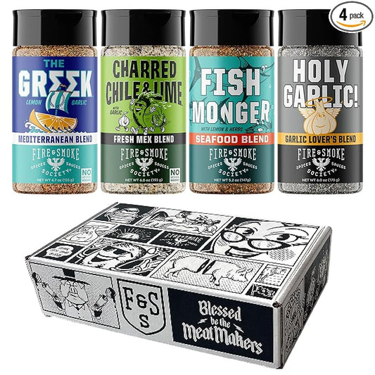 Fire & Smoke Society Seasoning Variety Pack | BBQ Rubs for Smoking and BBQ Seasonings for Grilling | Gifts for Dad, Men Gifts | Large Spices Set (4-Pack)