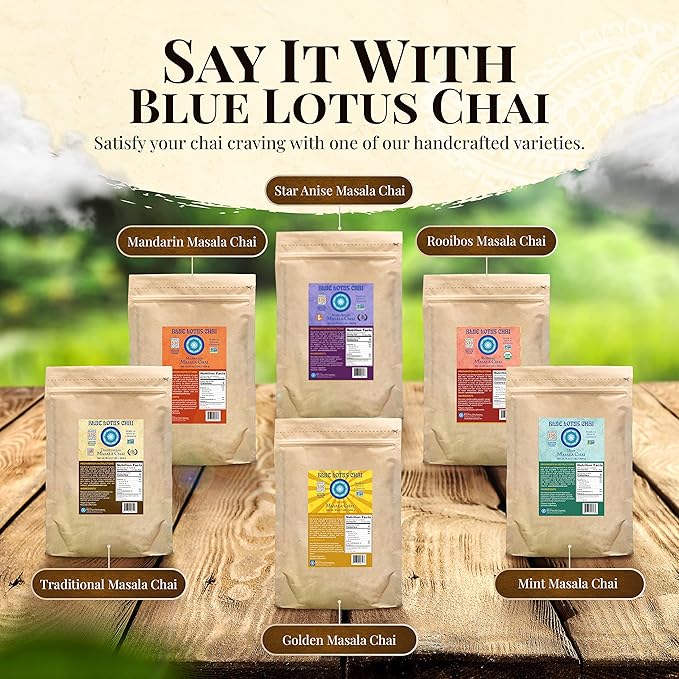 Blue Lotus Chai - Golden Masala Chai - Makes 530 Cups - 1 Pound Bulk Bag Masala Spiced Chai Powder with Organic Spices - Instant Indian Tea No Steeping - No Gluten