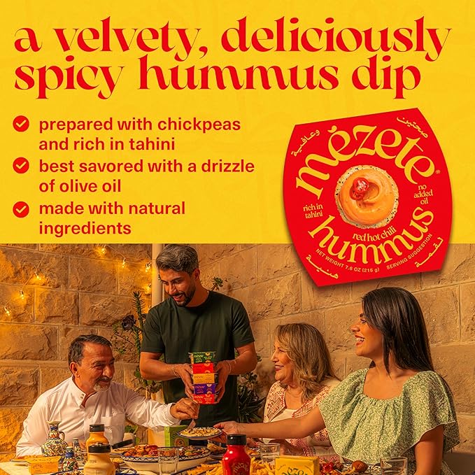 Mezete Spicy Hummus with Red Chili | All-Natural Dips and Spreads | Flavorful Tahini Rich Hummus | No Refrigeration Required | Halal | Gluten-Free | No Preservatives | 180g