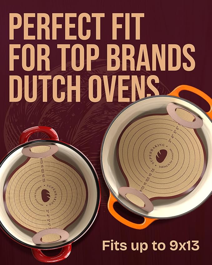 Superbaking Silicone Bread Sling 2 Pcs - 9in set of 2 Round 482F Heat Resistant Dough Lifter, Non-Stick Dutch Oven Liners, Long Handles, Reusable Sourdough Bread Baking Supplies, Sourdough Gifts