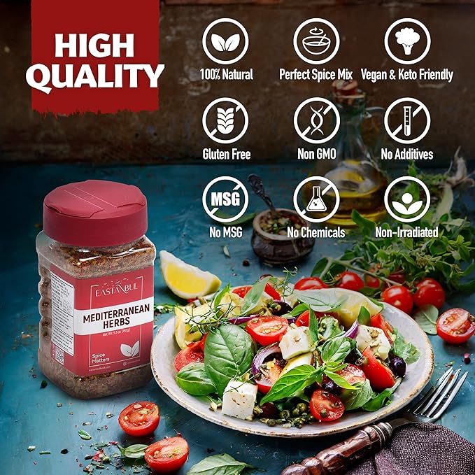Eastanbul Mediterranean Seasoning, 5.29oz, Mediterranean Spice Blend, Herb & Salt Blend, Spiced Sea Salt and Herb Seasoning For Food, No Filler, No MSG, Vegan, Gluten Free
