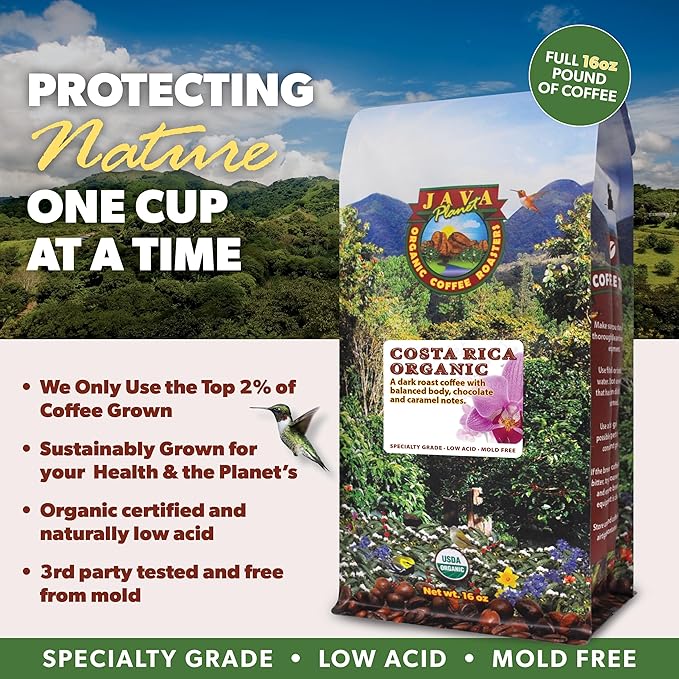 Low Acid Organic Coffee ??Whole Bean, Mold-Free & Stomach Friendly by Java Planet, Costa Rican Single Origin Coffee, Dark Roast, Smooth Full Flavored, 1LB Bag