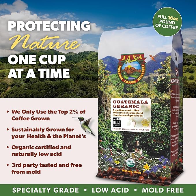 Low Acid Organic Coffee ??Whole Bean, Mold-Free & Stomach Friendly by Java Planet, Guatemalan Single Origin Coffee, Medium Roast, Smooth Full Flavored, 2x1LB Bag