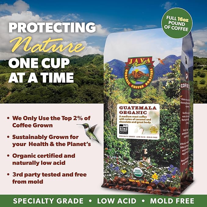 Low Acid Organic Coffee ??Whole Bean, Mold-Free & Stomach Friendly by Java Planet, Guatemalan Single Origin Coffee, Medium Roast, Smooth Full Flavored, 5LB Bag