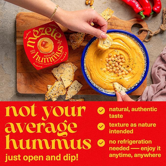 Mezete Spicy Hummus with Red Chili | All-Natural Dips and Spreads | Flavorful Tahini Rich Hummus | No Refrigeration Required | Halal | Gluten-Free | No Preservatives | 180g