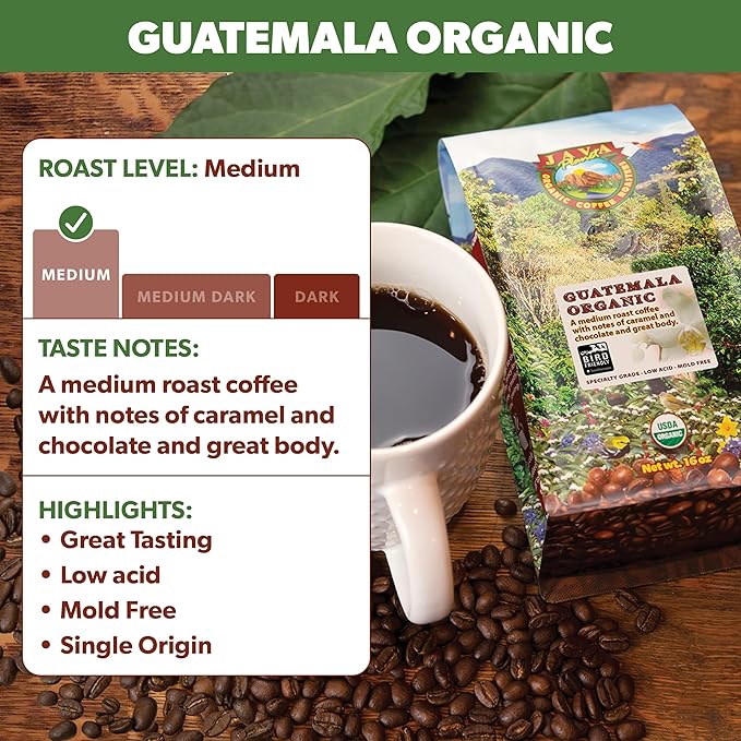 Low Acid Organic Coffee ??Whole Bean, Mold-Free & Stomach Friendly by Java Planet, Guatemalan Single Origin Coffee, Medium Roast, Smooth Full Flavored, 2x1LB Bag