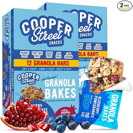 Cooper Street Blueberry Pomegranate Granola Bakes (24 bars) - Individually Wrapped Soft and Chewy Breakfast Granola Bars - Nut, Dairy & Soy Free - Great As Kids Snacks For School, Hiking Or Lunchbreak