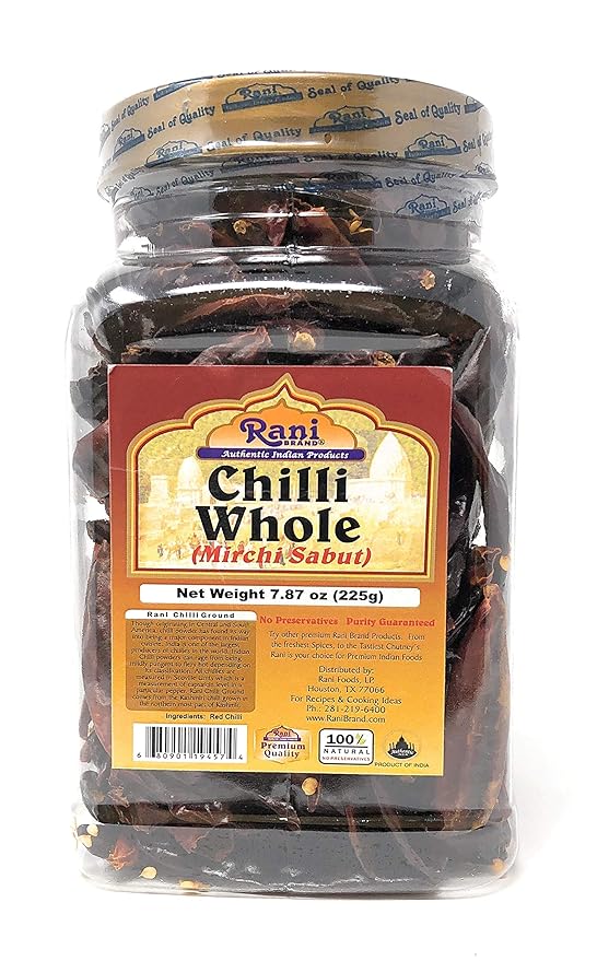 Rani Chilli Whole (Lal Mirch Sabut) 8oz (225g) PET Jar ~ All Natural, Salt-Free | Vegan | No Colors | Gluten Friendly | NON-GMO | Indian Origin