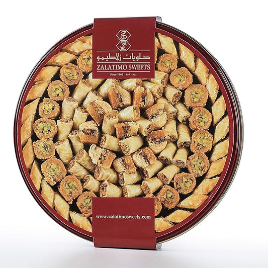 Zalatimo Sweets Since 1860, 100% All Natural Assorted Baklava, Slightly Sweet Baklava in Round Metal Gift Tin, No Preservatives, No Additives, No Corn Starch, No Syrups! 2.2Lbs