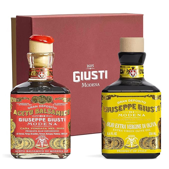 Giuseppe Giusti Balsamic Vinegar of Modena and Extra Virgin Olive Oil Set??Gran Deposito Aceto Balsamico di Modena IGP, Cold Pressed Oil and Vinegar Gift Set From Italy ??2 x 8.45 fl oz (2 x 250 ml)