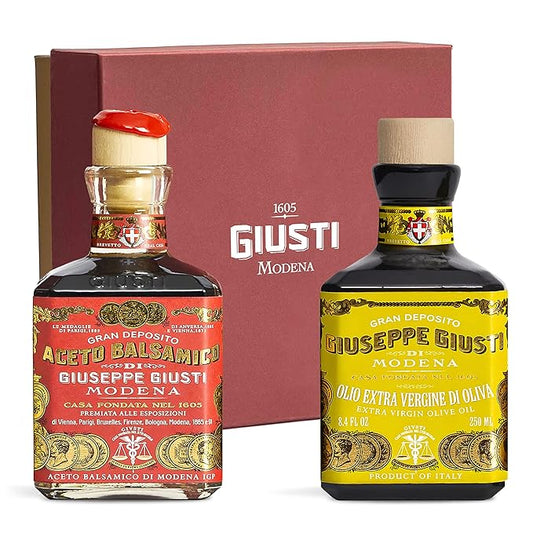 Giuseppe Giusti Balsamic Vinegar of Modena and Extra Virgin Olive Oil Set??Gran Deposito Aceto Balsamico di Modena IGP, Cold Pressed Oil and Vinegar Gift Set From Italy ??2 x 8.45 fl oz (2 x 250 ml)