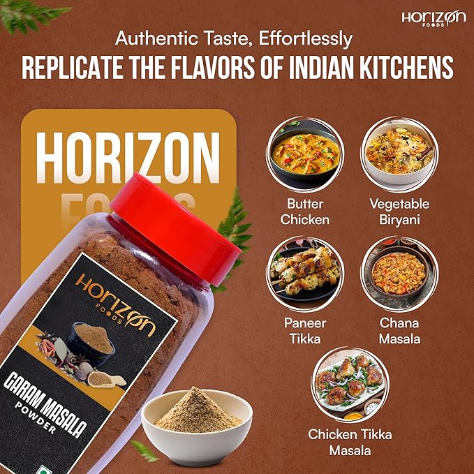 Horizon Foods Premium Red Chili Powder - 200g Indian Spice Blend for Tikka Masala Sauce, Mexican Oregano & Mixed Vegetables. Perfect Seasoning with Guajillo Chiles & Ancho Chili Flakes in Your Indian Spice Box (100g, Garam Masala Powder)