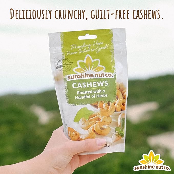 Sunshine Nut Company Whole Roasted Lightly Salted Cashews, Handful of Herbs Flavor, 6 Pack, 7 oz. Each, Gluten Free, Peanut Free and Vegan Individual Snack Packs for Kids and Adults, GMO Free