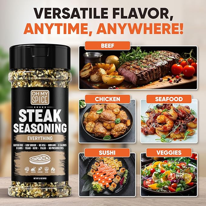 Steak Seasoning Everything Bagel Seasoning Mix - Gluten Free & Low Sodium Meat Seasonings Beef, NY Strip, BBQ & Ribeye. Sesame Seeds Blend Steak Seasonings for Grilling. Steaks Salt. Steaks Rub. 5.2oz