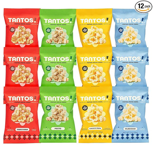 Tantos! Puffed Pasta Chips ??Healthy Pasta Snack by Top Chef Joe Sasto ??Plant-Based, Low Calorie, Crunchy Chips ??Variety Pack ??Marinara, Pesto, Cacio e Pepe, Classico ??Gourmet Bold Flavors ??(1oz-12 Pack (3 of Each Flavor), Variety)