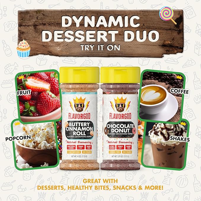 Flavor God Dynamic Dessert Duo Pack of 2 Seasoning Topper Gift Set, Buttery Cinnamon Roll & Chocolate Donut, Natural Healthy Blend For Donuts, Fruit Ice Cream, Coffee, Low Sodium, Gluten & Dairy Free
