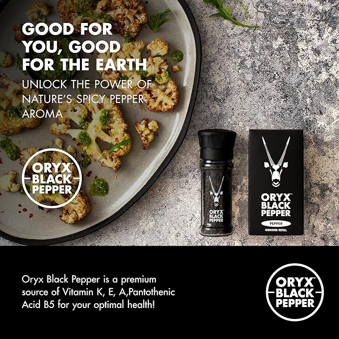 Oryx Black Pepper Refill Box - 3.52oz - Premium Whole Black Peppercorns from Madagascar, refillable +20x Oryx Pepper Grinder - Perfect Spice - Authentic Naturally Organic Spices Experience