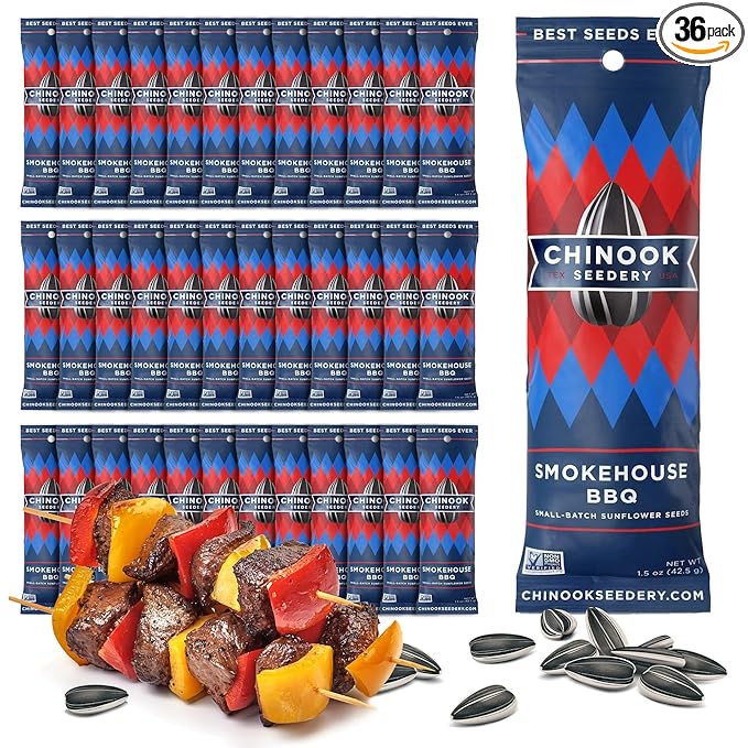Chinook Seedery Roasted Sunflower Seeds to Eat - 1.5 oz (Pack of 36) Smokehouse BBQ - Jumbo Low Sodium Sunflower Seeds Keto Snacks - Adventure, Baseball, School Snacks - Gluten Free, Non GMO Snacks