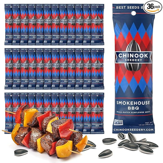 Chinook Seedery Roasted Sunflower Seeds to Eat - 1.5 oz (Pack of 36) Smokehouse BBQ - Jumbo Low Sodium Sunflower Seeds Keto Snacks - Adventure, Baseball, School Snacks - Gluten Free, Non GMO Snacks