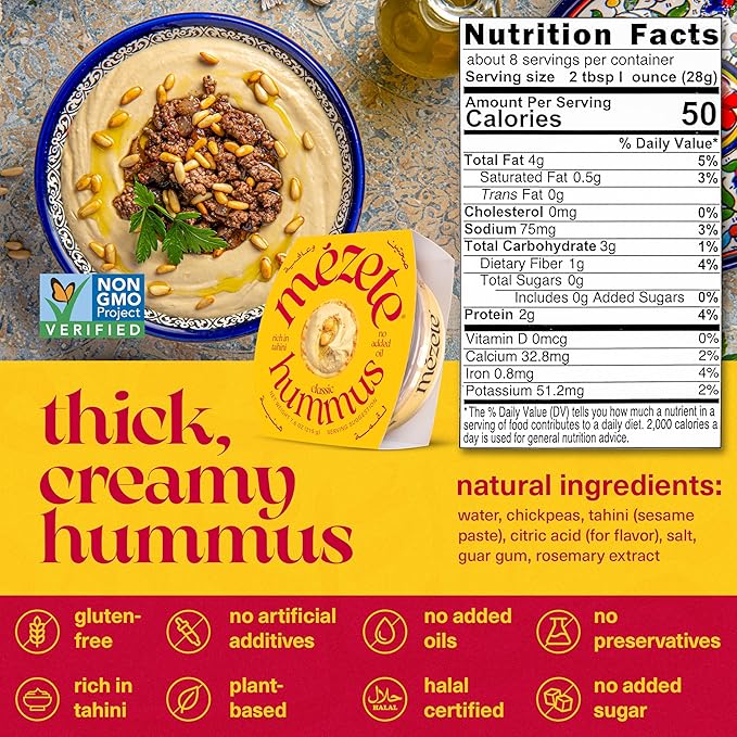 Mezete Traditional Middle Eastern Hummus | 100% All Natural Dips and Spreads | Flavorful Tahini Rich Vegan Dip | Halal | Gluten-Free | No Preservatives | On the Go Cup | 180g